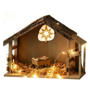 Nativity Stable with LED Lights: 15.6 x 11.02 Inch Christmas Wooden Manger Creche for 7 & 8 Inch Holy Family Figures - Farmhouse Religious Xmas Decorations (Stable Only)